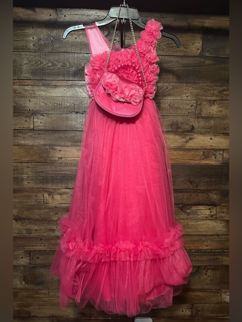 Stunning Hot Pink Rosette One-Shoulder Tulle Dress with Matching Purse